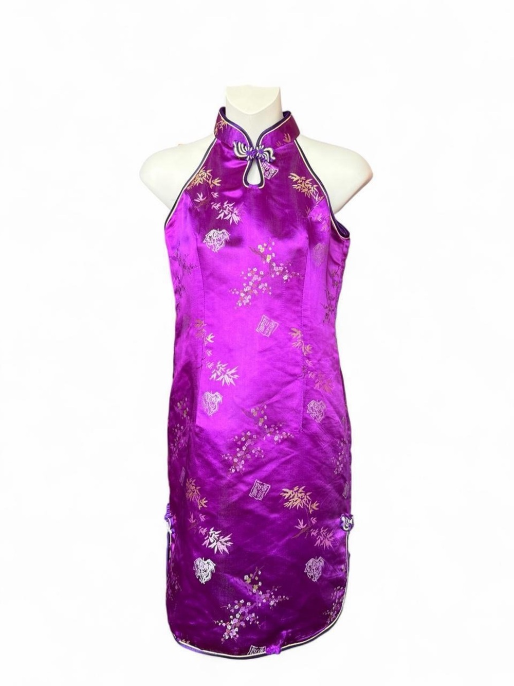 Purple Satin Halter Mini Cheongsam Dress - Picture 7 of 8